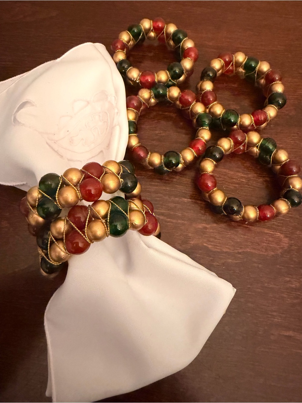 Vintage Napkin Rings Glass Red And Green Beads Gold Bead & Wire Accent Set Of 6